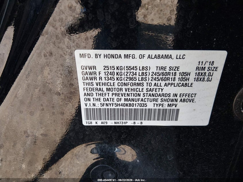 2019 Honda Pilot VIN 5FNYF5H40KB017035 IAAI salvage auction — NORMAL WEAR, Clear (Florida), sold $7,050 on 2026-07-25 (photo 9)