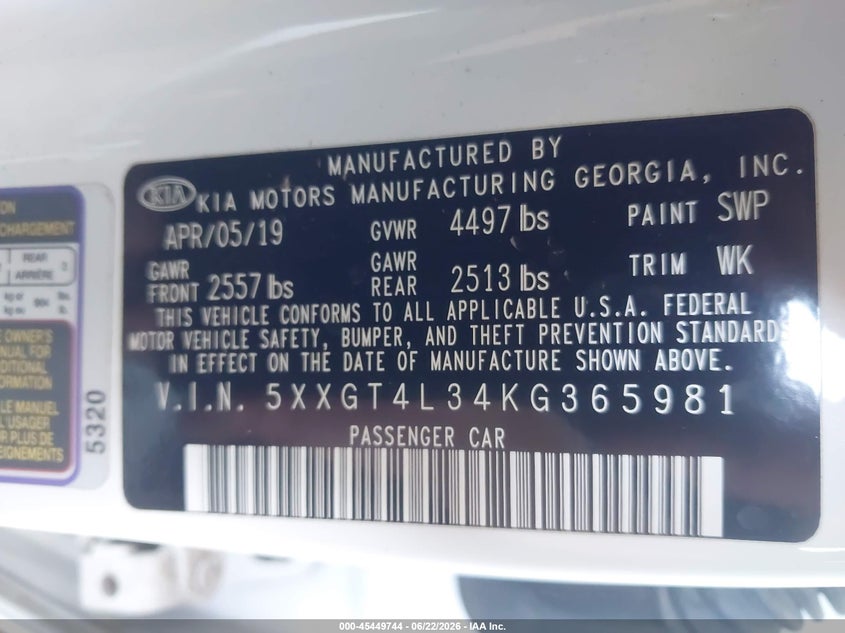 2019 Kia Optima VIN 5XXGT4L34KG365981 IAAI salvage auction — NORMAL WEAR, Clear-Dealer Only (Arizona), sold $2,125 on 2026-07-14 (photo 9)
