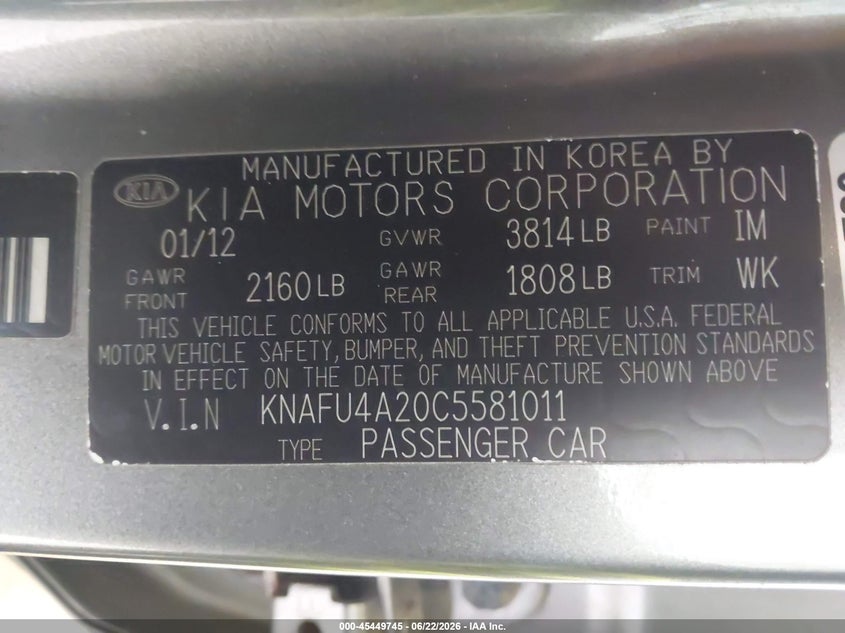 2012 Kia Forte VIN KNAFU4A20C5581011 IAAI salvage auction — NORMAL WEAR, Clear (Minnesota), sold $475 on 2026-07-08 (photo 9)