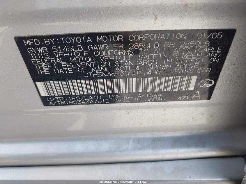 2005 Lexus Ls VIN JTHBN36F355011400 IAAI salvage auction — NORMAL WEAR, Clear-Dealer Only (North Carolina), sold $875 on 2026-07-20 (photo 9)