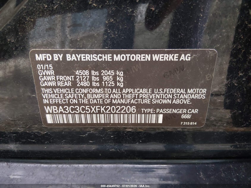 2015 BMW 3er VIN WBA3C3C5XFK202206 IAAI salvage auction — NORMAL WEAR, Original (Kentucky), sold $725 on 2026-07-27 (photo 9)
