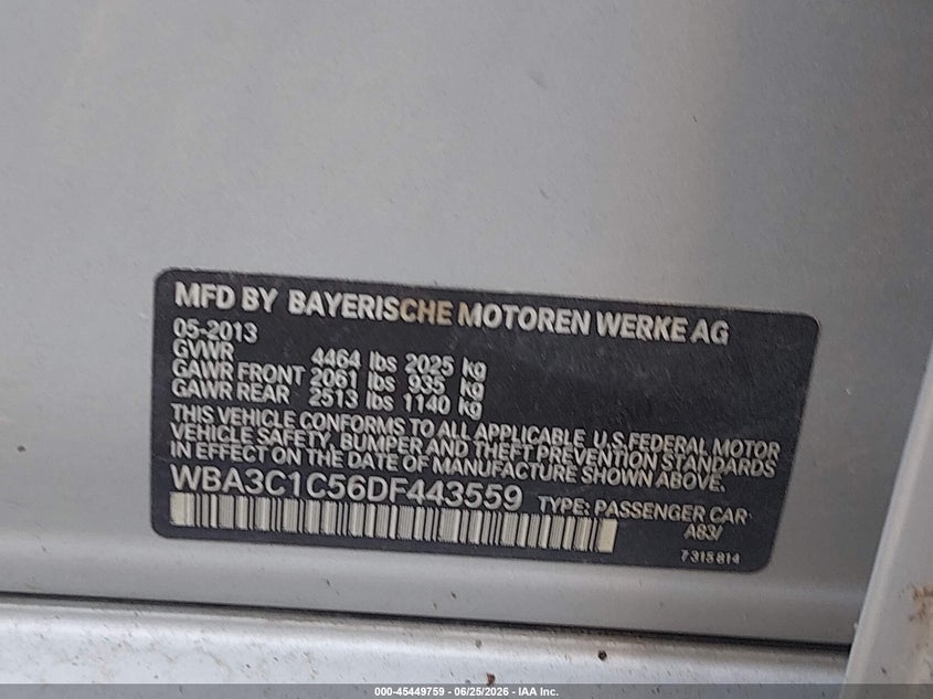 2013 BMW 3er VIN WBA3C1C56DF443559 IAAI salvage auction — NORMAL WEAR, Clear (Tennessee), sold $500 on 2026-07-30 (photo 9)