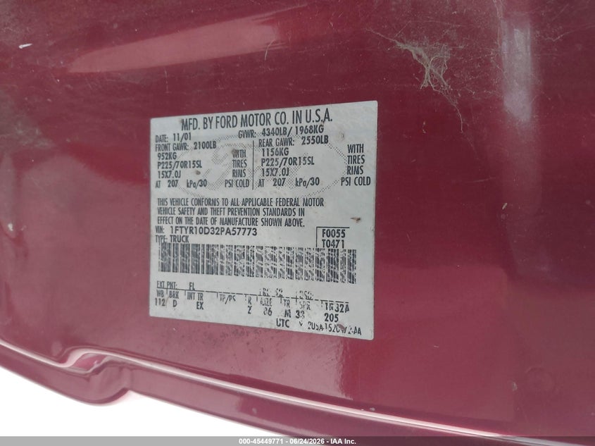 2002 Ford Ranger VIN 1FTYR10D32PA57773 IAAI salvage auction — NORMAL WEAR, Sf97 (Texas), sold $850 on 2026-07-09 (photo 9)