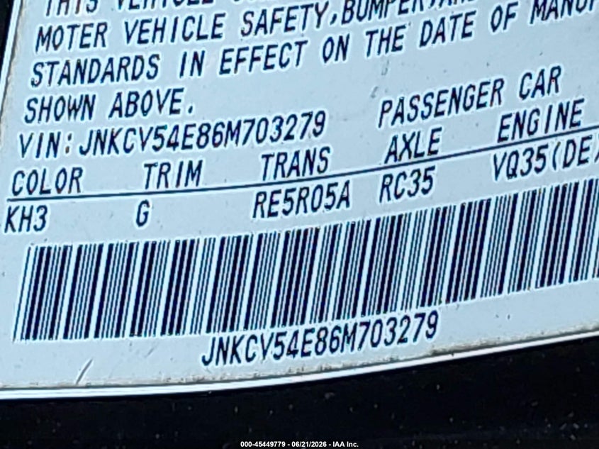 2006 Infiniti G35 VIN JNKCV54E86M703279 IAAI salvage auction — FRONT & REAR, Bill Of Sale (New York), sold $450 on 2026-07-07 (photo 9)