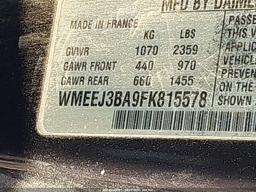 2015 Smart Fortwo VIN WMEEJ3BA9FK815578 IAAI salvage auction — FRONT & REAR, Bill Of Sale (New York), sold $600 on 2026-07-07 (photo 9)