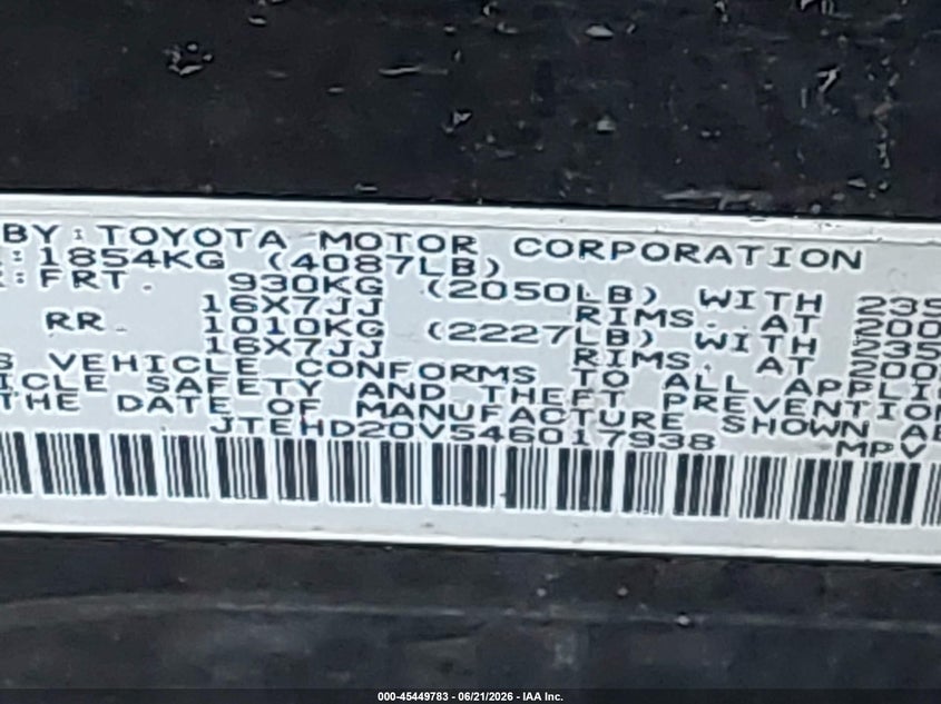 2004 Toyota Rav4 VIN JTEHD20V546017938 IAAI salvage auction — FRONT END, Bill Of Sale (New York), sold $525 on 2026-07-07 (photo 9)