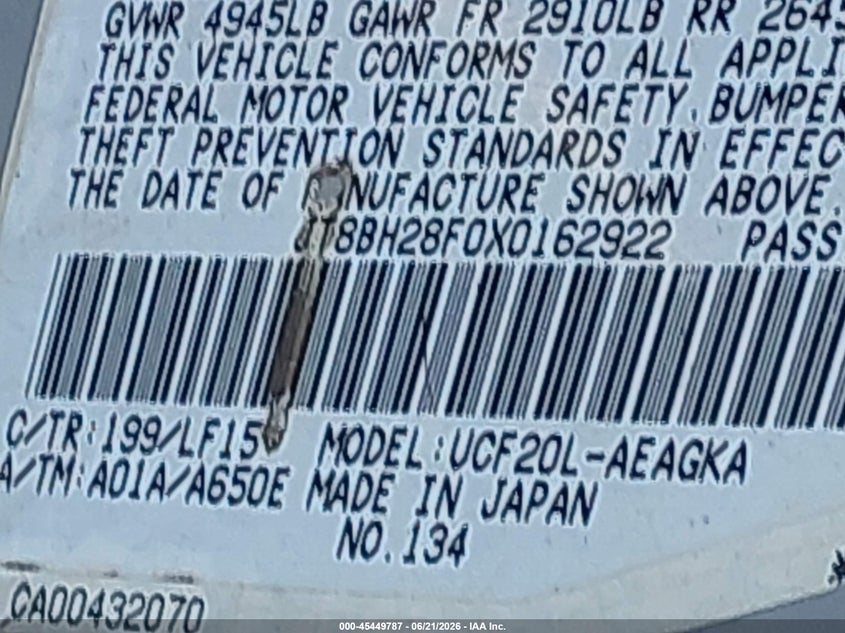 1999 Lexus Ls 400 VIN JT8BH28F0X0162922 IAAI salvage auction — FRONT & REAR, Bill Of Sale (New York), sold $450 on 2026-07-14 (photo 9)