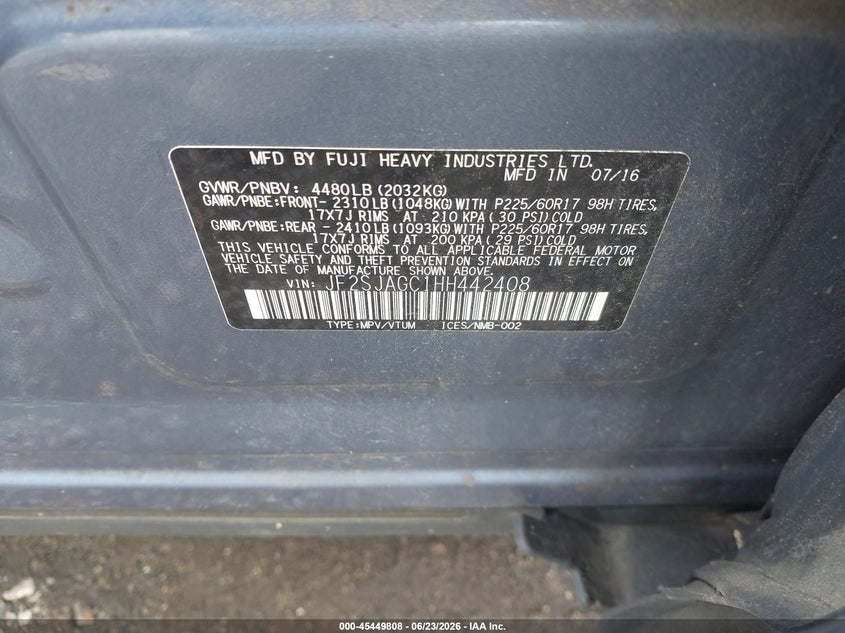 2017 Subaru Forester VIN JF2SJAGC1HH442408 IAAI salvage auction — FRONT END, Clear (Virginia), sold $2,650 on 2026-07-17 (photo 9)