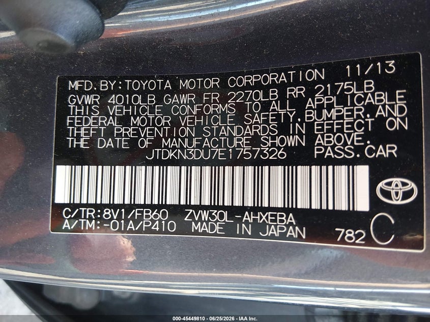 2014 Toyota Prius VIN JTDKN3DU7E1757326 IAAI salvage auction — FRONT END, Salvage (Pennsylvania), sold $1,700 on 2026-07-10 (photo 9)
