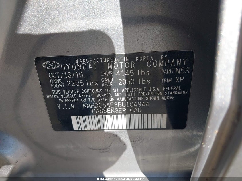 2011 Hyundai Elantra VIN KMHDC8AE3BU104944 IAAI salvage auction — NORMAL WEAR, Clear (Maryland), sold $775 on 2026-07-15 (photo 9)