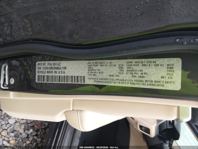 2022 Jeep Grand cherokee VIN 1C4RJHBG8N8541139 IAAI salvage auction — WATER/FLOOD, Salvage Title, sold $6,000 on 2026-08-02 (photo 9)