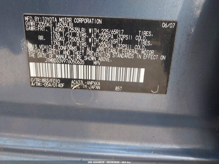 2007 Toyota Rav4 VIN JTMBD33V976050635 IAAI salvage auction — NORMAL WEAR, Clear (New Jersey), sold $900 on 2026-07-13 (photo 9)