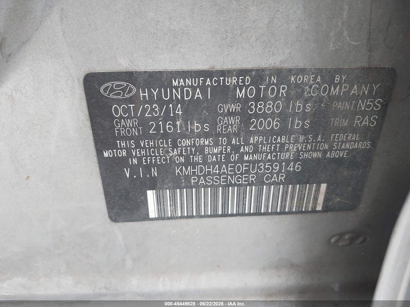 2015 Hyundai Elantra VIN KMHDH4AE0FU359146 IAAI salvage auction — NORMAL WEAR, Clear (Alabama), sold $1,725 on 2026-07-13 (photo 9)