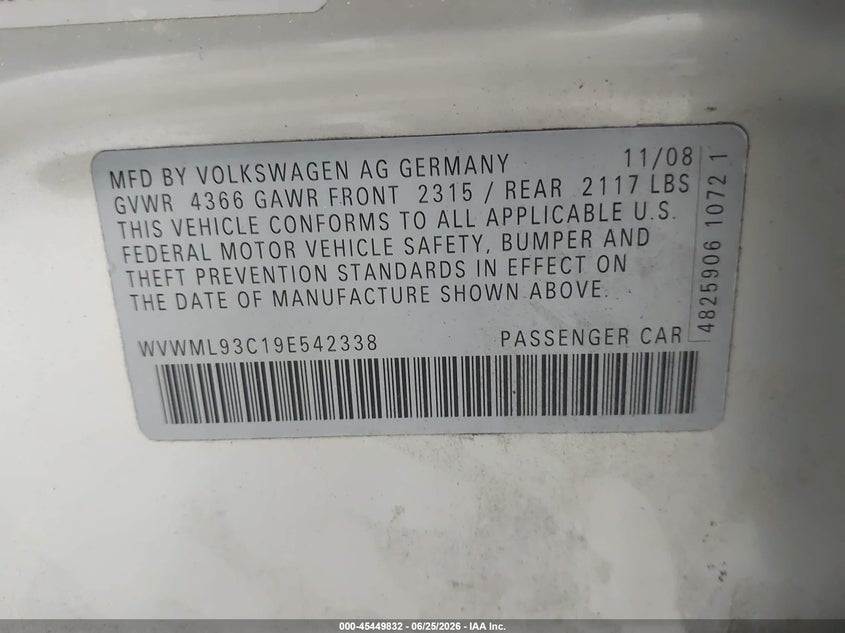 2009 Volkswagen Cc VIN WVWML93C19E542338 IAAI salvage auction — REAR END, Mv-907A (New York), sold $400 on 2026-08-19 (photo 9)