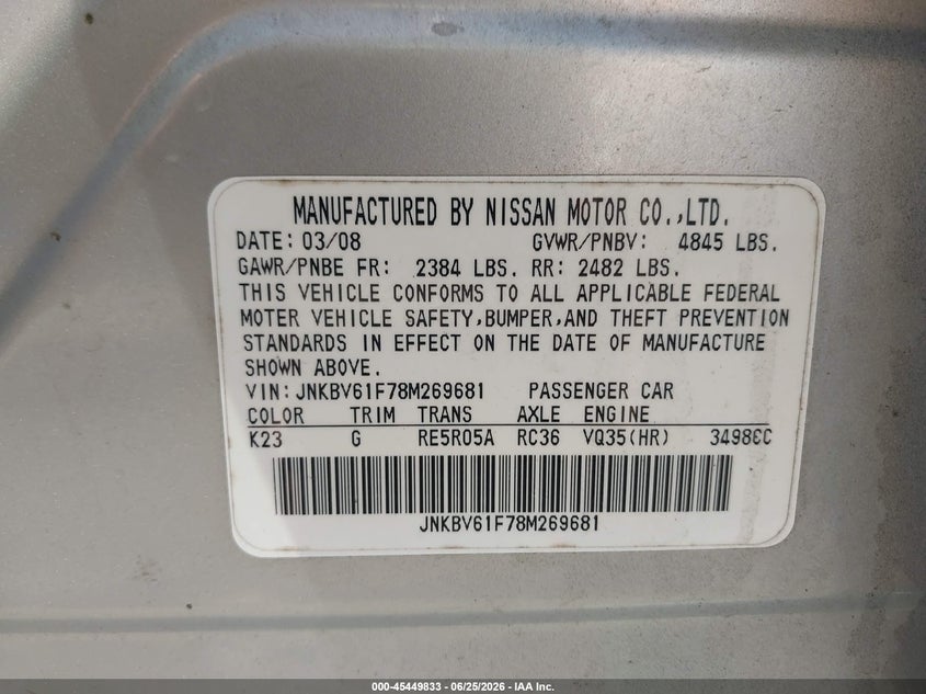2008 Infiniti G35 VIN JNKBV61F78M269681 IAAI salvage auction — REAR END, Clear (Massachusetts), sold $400 on 2026-07-14 (photo 9)