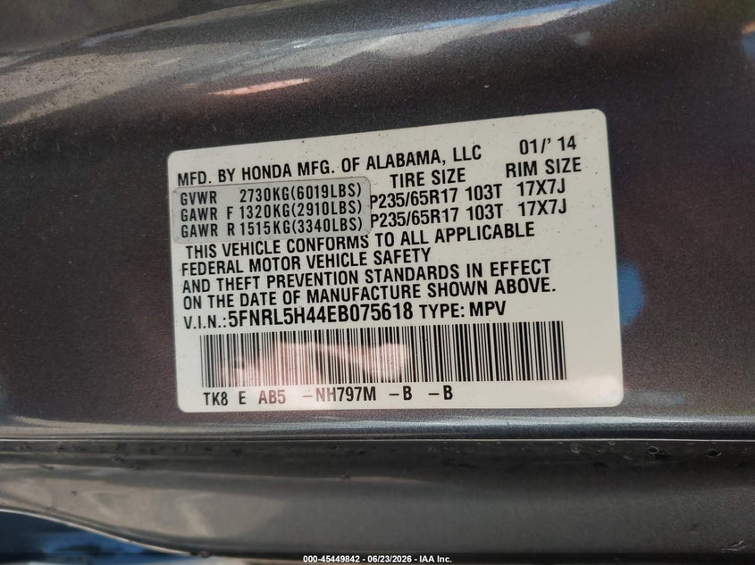 2014 Honda Odyssey VIN 5FNRL5H44EB075618 IAAI salvage auction — SIDE, Salvage (Ohio), sold $4,450 on 2026-07-10 (photo 9)