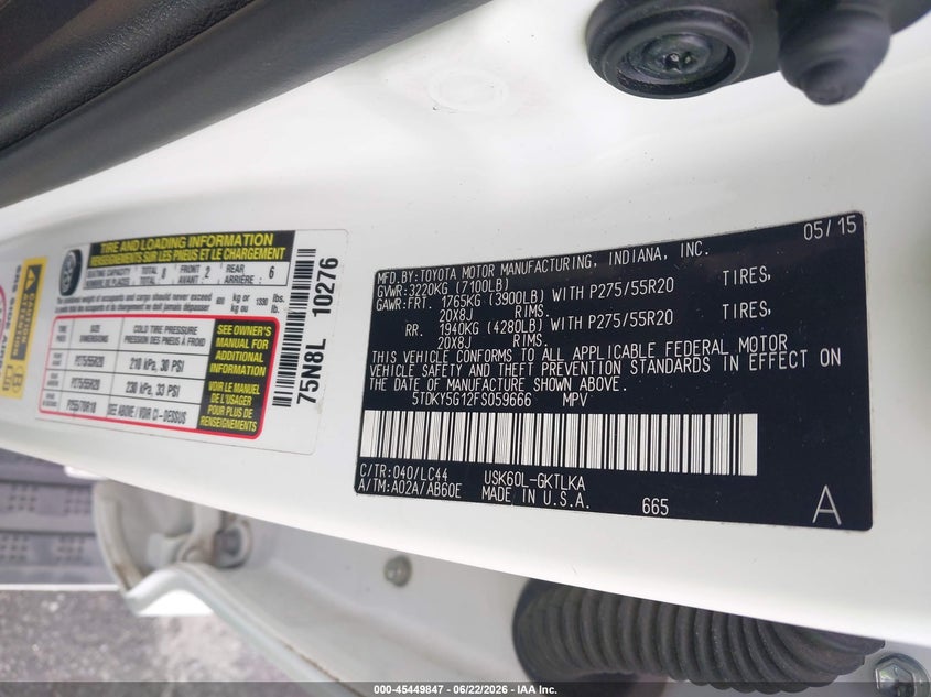 2015 Toyota Sequoia VIN 5TDKY5G12FS059666 IAAI salvage auction — NORMAL WEAR, Repossession Paperwork (Georgia), sold $4,100 on 2026-07-29 (photo 9)