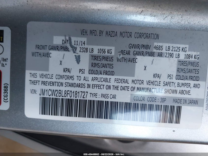 2015 Mazda 5 VIN JM1CW2BL8F0181727 IAAI salvage auction — NORMAL WEAR, Clear (Minnesota), sold $675 on 2026-07-08 (photo 9)