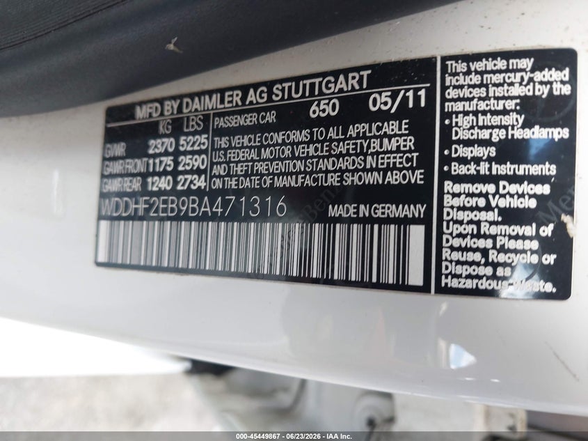 2011 Mercedes-benz E-class VIN WDDHF2EB9BA471316 IAAI salvage auction — NORMAL WEAR, Clear (South Carolina), sold $475 on 2026-07-29 (photo 9)