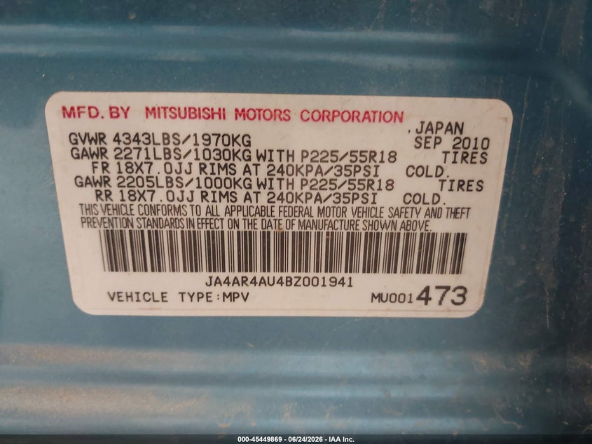 2011 Mitsubishi Outlander sport VIN JA4AR4AU4BZ001941 IAAI salvage auction — NORMAL WEAR, Clear (Utah), sold $300 on 2026-07-29 (photo 9)