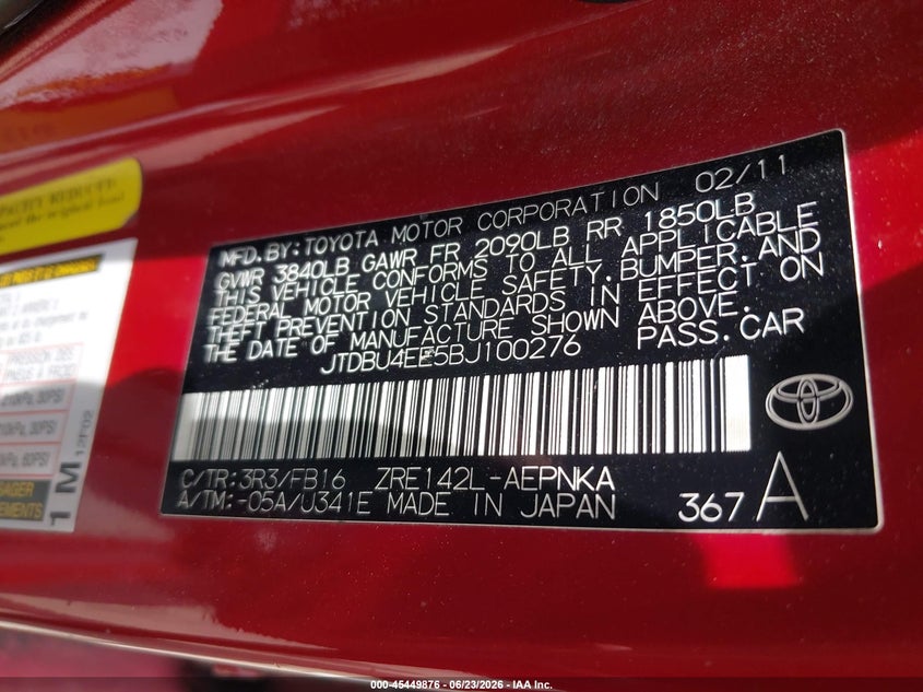 2011 Toyota Corolla VIN JTDBU4EE5BJ100276 IAAI salvage auction — NORMAL WEAR, Original (Texas), sold $2,550 on 2026-07-06 (photo 9)