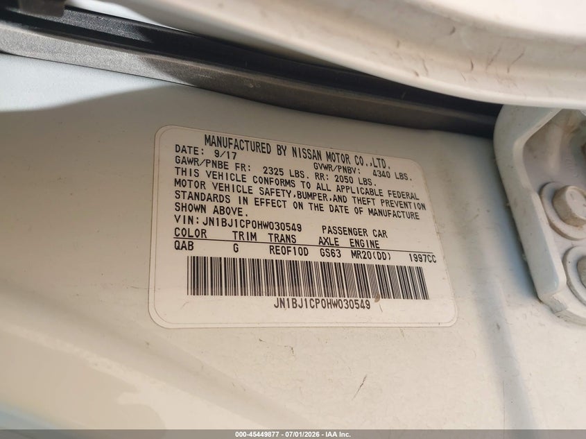 2017 Nissan Rogue VIN JN1BJ1CP0HW030549 IAAI salvage auction — NORMAL WEAR, Original (Texas), sold $2,525 on 2026-07-30 (photo 9)