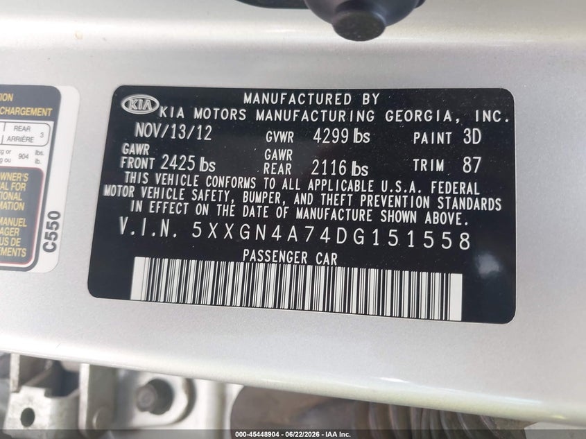 2013 Kia Optima VIN 5XXGN4A74DG151558 IAAI salvage auction — LEFT FRONT, Salvage (Arizona), sold $1,100 on 2026-07-15 (photo 9)