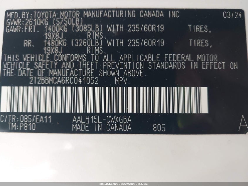 2024 Lexus VIN 2T2BBMCA6RC041052 IAAI salvage auction — FRONT END, Salvage (California), sold $17,100 on 2026-07-29 (photo 9)
