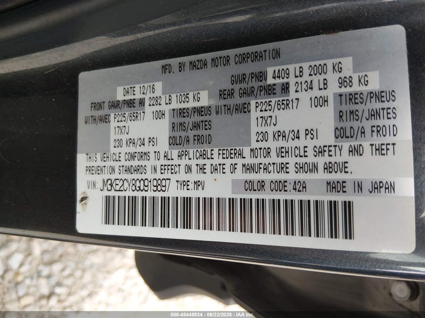 2016 Mazda Cx-5 VIN JM3KE2CY8G0919897 IAAI salvage auction — NORMAL WEAR, Original (Kentucky), sold $2,550 on 2026-07-29 (photo 9)