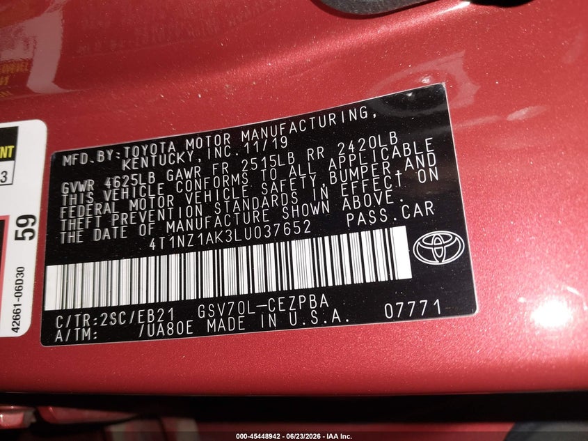 2020 Toyota Camry VIN 4T1NZ1AK3LU037652 IAAI salvage auction — REAR END, Salvage (Arizona), sold $7,875 on 2026-07-28 (photo 9)