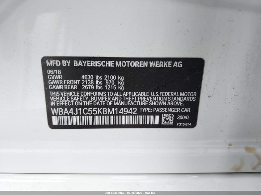 2019 BMW 4er VIN WBA4J1C55KBM14942 IAAI salvage auction — REAR END, Salvage Title, sold $3,650 on 2026-07-17 (photo 9)