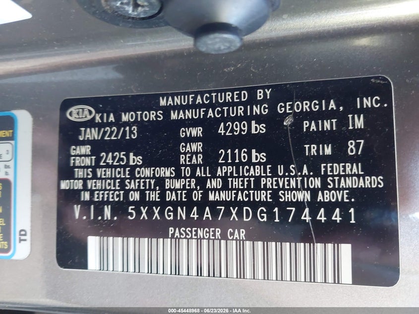 2013 Kia Optima VIN 5XXGN4A7XDG174441 IAAI salvage auction — FRONT END, Salvage (Arizona), sold $1,000 on 2026-07-16 (photo 9)