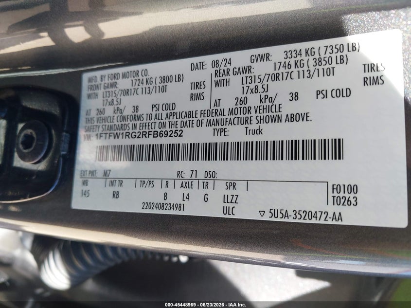 2024 Ford F-150 VIN 1FTFW1RG2RFB69252 IAAI salvage auction — REAR END, Salvage Title, sold $35,950 on 2026-07-20 (photo 9)
