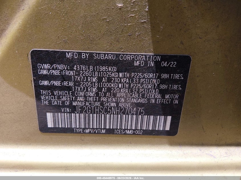 2022 Subaru Xv VIN JF2GTHSC5NH270475 IAAI salvage auction — LEFT FRONT, Salvage Title, sold $4,050 on 2026-07-22 (photo 9)
