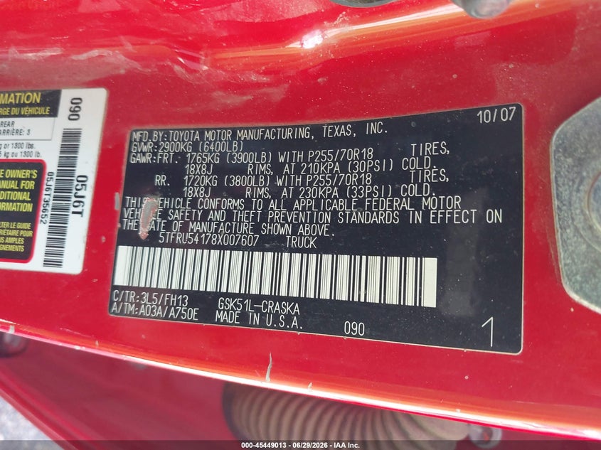 2008 Toyota Tundra VIN 5TFRU54178X007607 IAAI salvage auction — NORMAL WEAR, Original (Texas), sold $1,550 on 2026-07-21 (photo 9)
