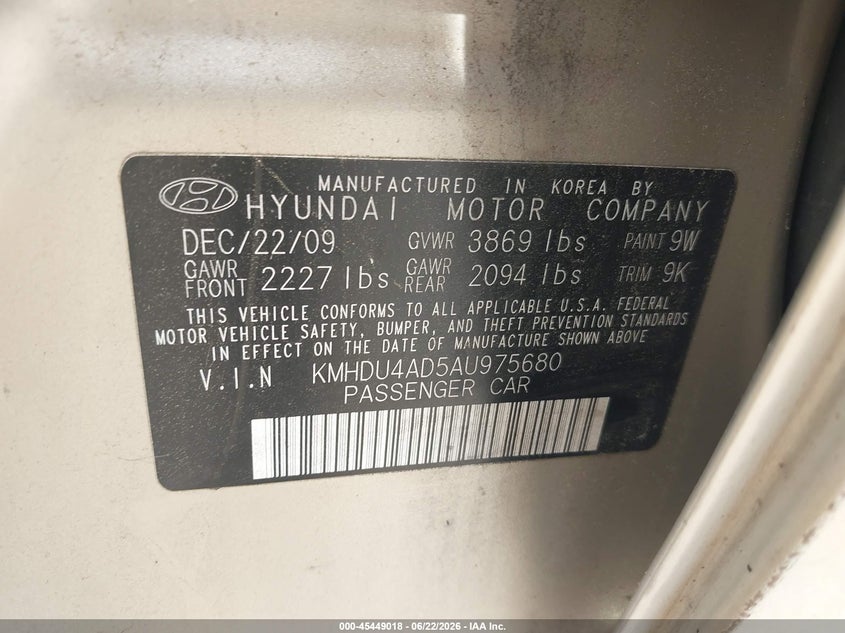 2010 Hyundai Elantra VIN KMHDU4AD5AU975680 IAAI salvage auction — NORMAL WEAR, Clear (Maryland), sold $300 on 2026-07-29 (photo 9)