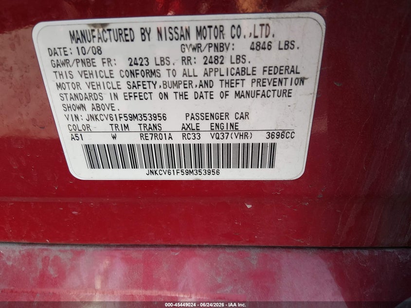 2009 Infiniti G37 VIN JNKCV61F59M353956 IAAI salvage auction — LEFT FRONT, Salvage (Utah), sold $350 on 2026-07-30 (photo 9)