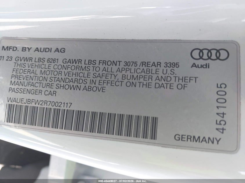 2024 Audi E-tron gt VIN WAUEJBFW2R7002117 IAAI salvage auction — FRONT END, Salvage (California), sold $22,925 on 2026-09-22 (photo 9)