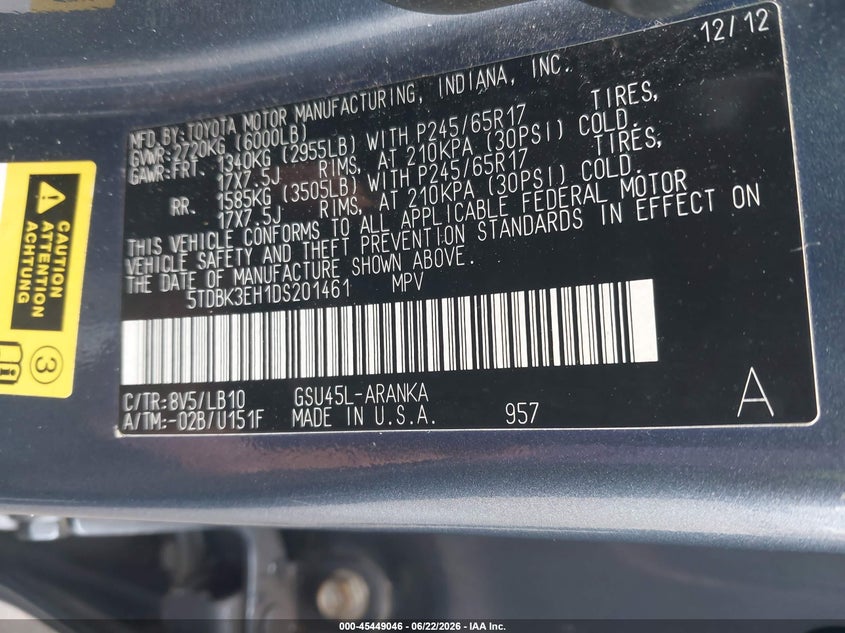 2013 Toyota Highlander VIN 5TDBK3EH1DS201461 IAAI salvage auction — NORMAL WEAR, Salvage Title, sold $1,550 on 2026-07-21 (photo 9)