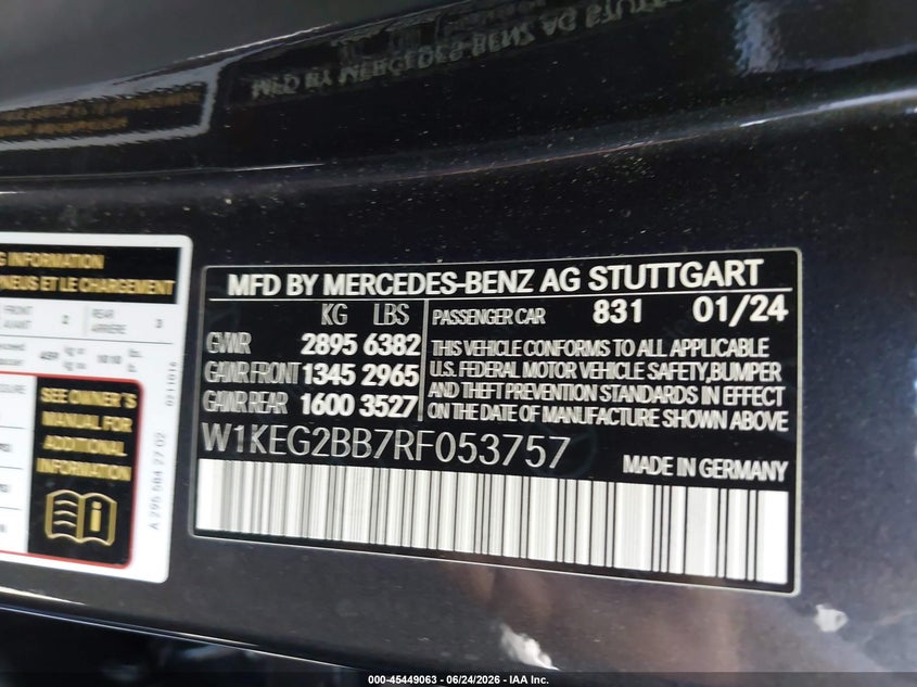 2024 Mercedes-benz VIN W1KEG2BB7RF053757 IAAI salvage auction — REAR END, Salvage Title, sold $6,900 on 2026-07-22 (photo 9)