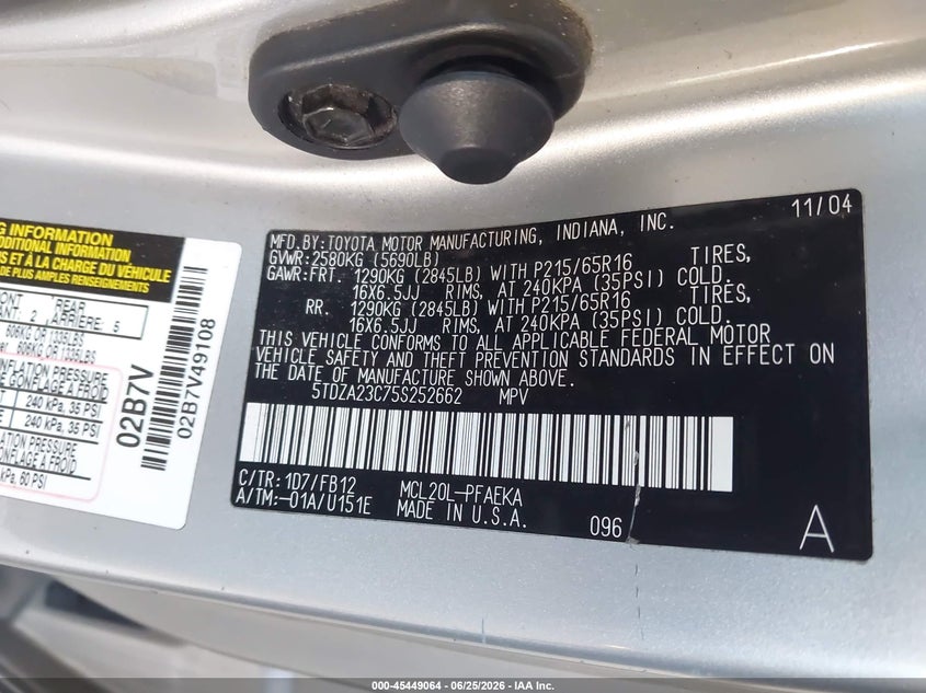 2005 Toyota Sienna VIN 5TDZA23C75S252662 IAAI salvage auction — RIGHT FRONT, Salvage (California), sold $400 on 2026-07-30 (photo 9)