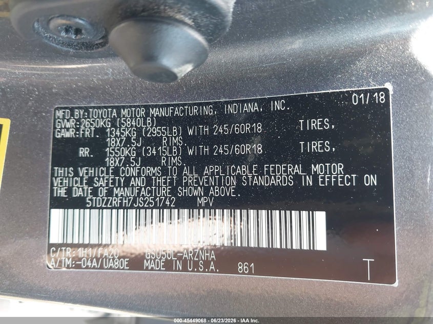 2018 Toyota Highlander VIN 5TDZZRFH7JS251742 IAAI salvage auction — FRONT END, Salvage (California), sold $6,750 on 2026-07-06 (photo 9)