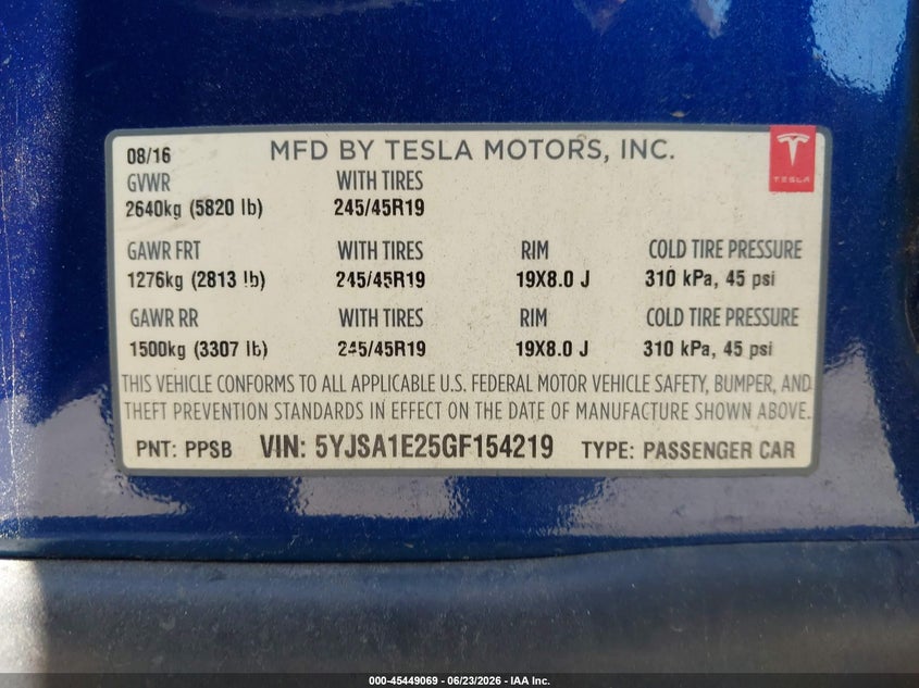 2016 Tesla Model s VIN 5YJSA1E25GF154219 IAAI salvage auction — FRONT END, Salvage Title, sold $3,850 on 2026-07-23 (photo 9)