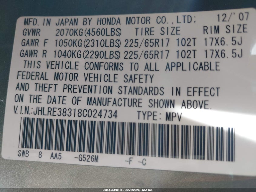 2008 Honda Cr-v VIN JHLRE38318C024734 IAAI salvage auction — RIGHT SIDE, Salvage (California), sold $1,250 on 2026-07-13 (photo 9)