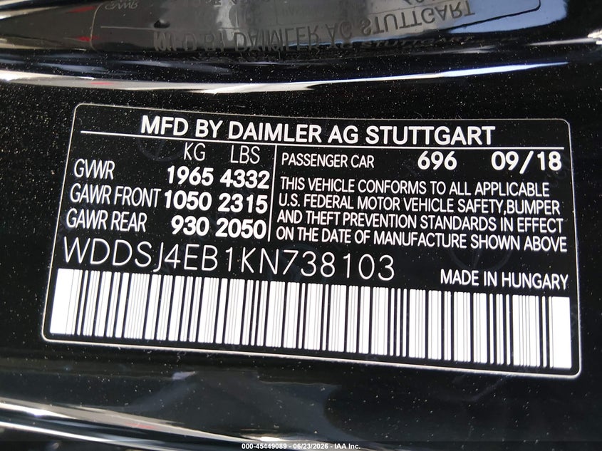 2019 Mercedes-benz Cla-klasse VIN WDDSJ4EB1KN738103 IAAI salvage auction — FRONT END, Salvage Title, sold $7,775 on 2026-08-24 (photo 9)