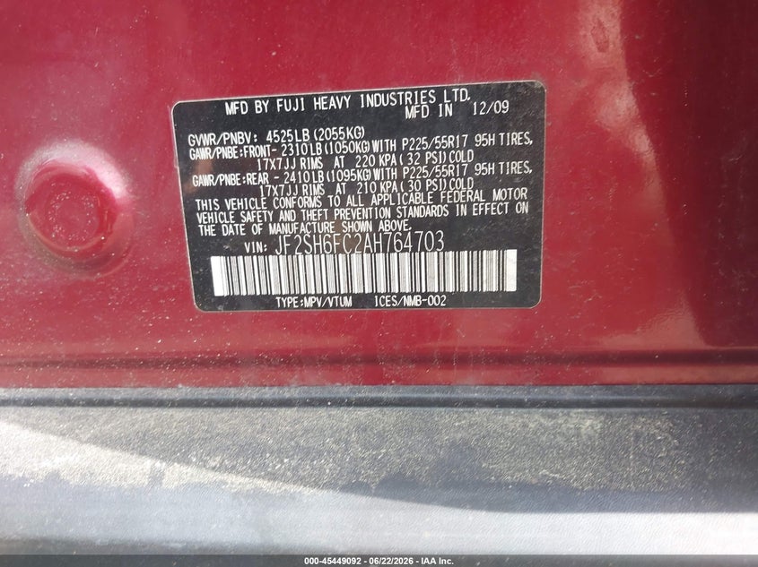 2010 Subaru Forester VIN JF2SH6FC2AH764703 IAAI salvage auction — NORMAL WEAR, Clear (Massachusetts), sold $400 on 2026-07-28 (photo 9)