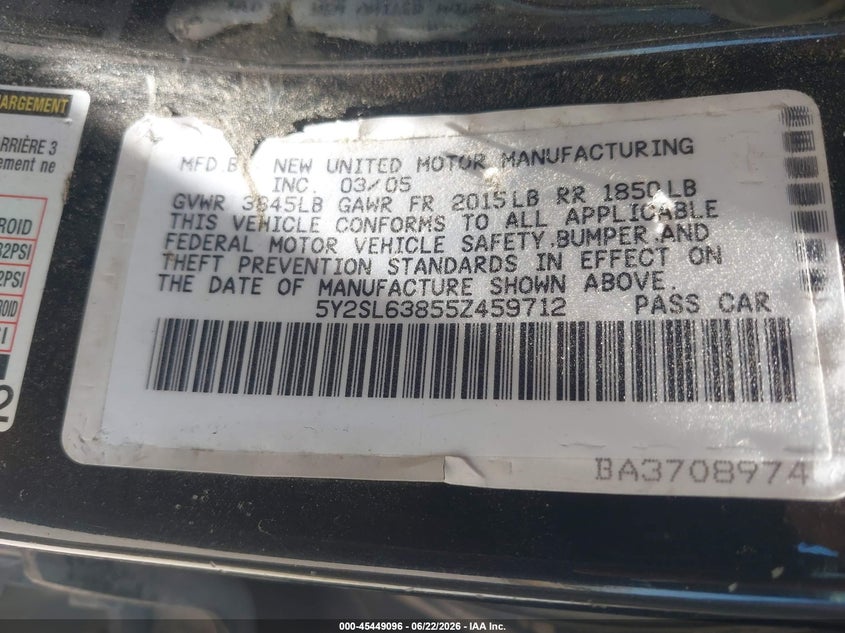 2005 Pontiac Vibe VIN 5Y2SL63855Z459712 IAAI salvage auction — NORMAL WEAR, Clear-Dealer Only (Arizona), sold $425 on 2026-07-09 (photo 9)