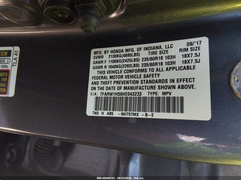 2017 Honda Cr-v VIN 7FARW1H59HE043233 IAAI salvage auction — FRONT END, Salvage (Texas), sold $4,800 on 2026-07-31 (photo 9)