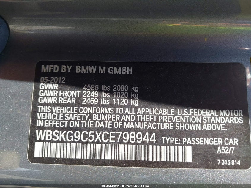 2012 BMW M3 VIN WBSKG9C5XCE798944 IAAI salvage auction — FRONT END, Salvage Title, sold $14,050 on 2026-08-03 (photo 9)