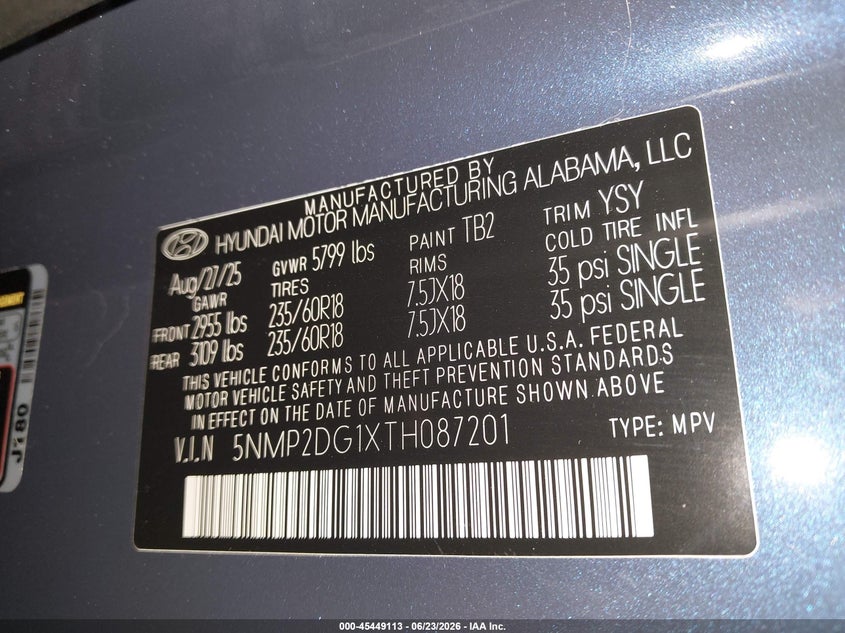 2026 Hyundai VIN 5NMP2DG1XTH087201 IAAI salvage auction — SIDE, Wait Title, sold $12,800 on 2026-07-31 (photo 9)